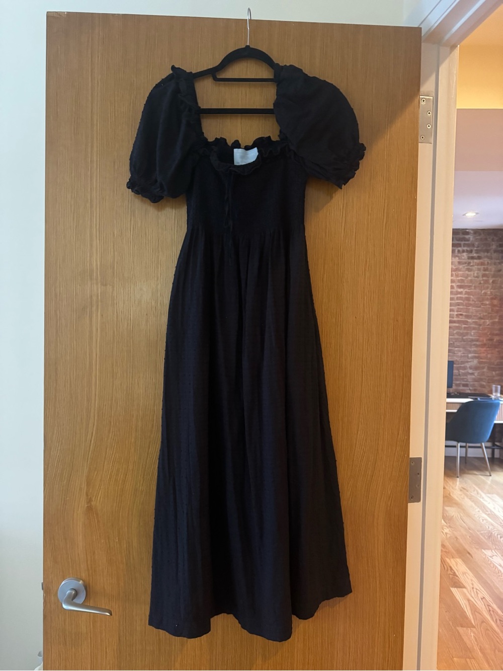 Black Puff-Sleeve Maxi Dress with Shirred Bodice